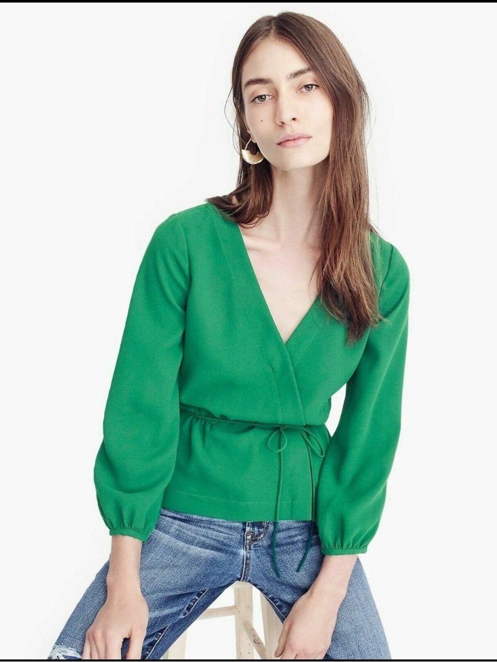 J Crew faux wrap peasant sleeve tie waist blouse size 6 like new